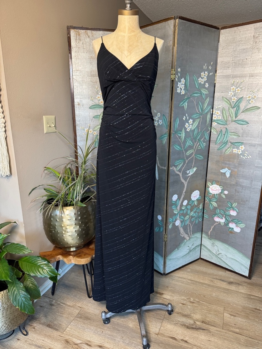 90s Vintage City Triangles Black Silver Sparkle Thin Strap Formal Dress Large